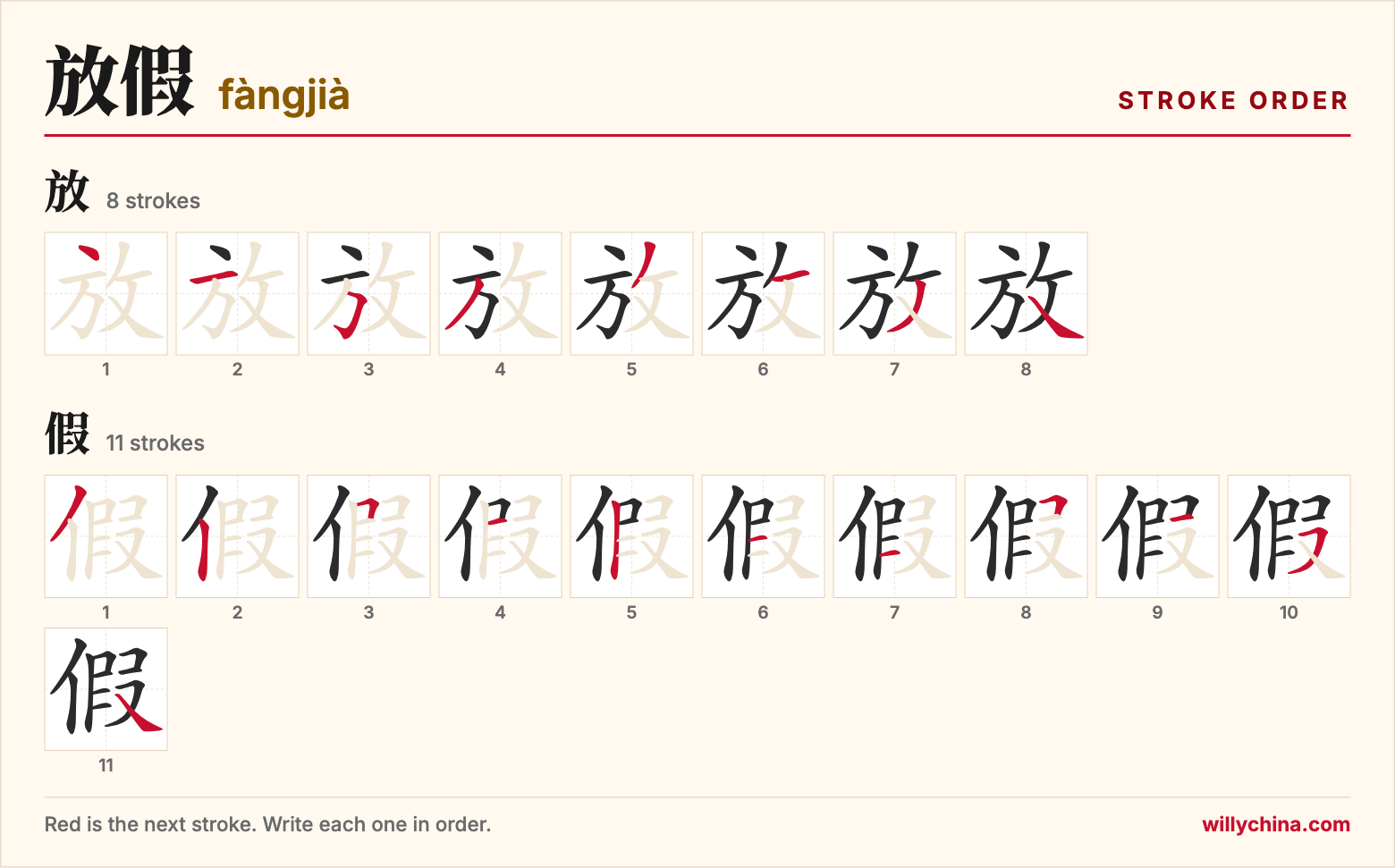 放假 (fàngjià) stroke order chart: each stroke of the characters in the order you write them
