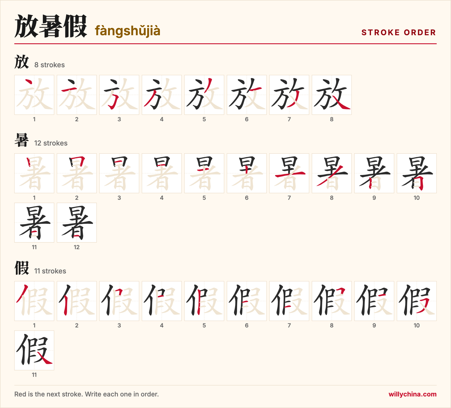 放暑假 (fàngshǔjià) stroke order chart: each stroke of the characters in the order you write them