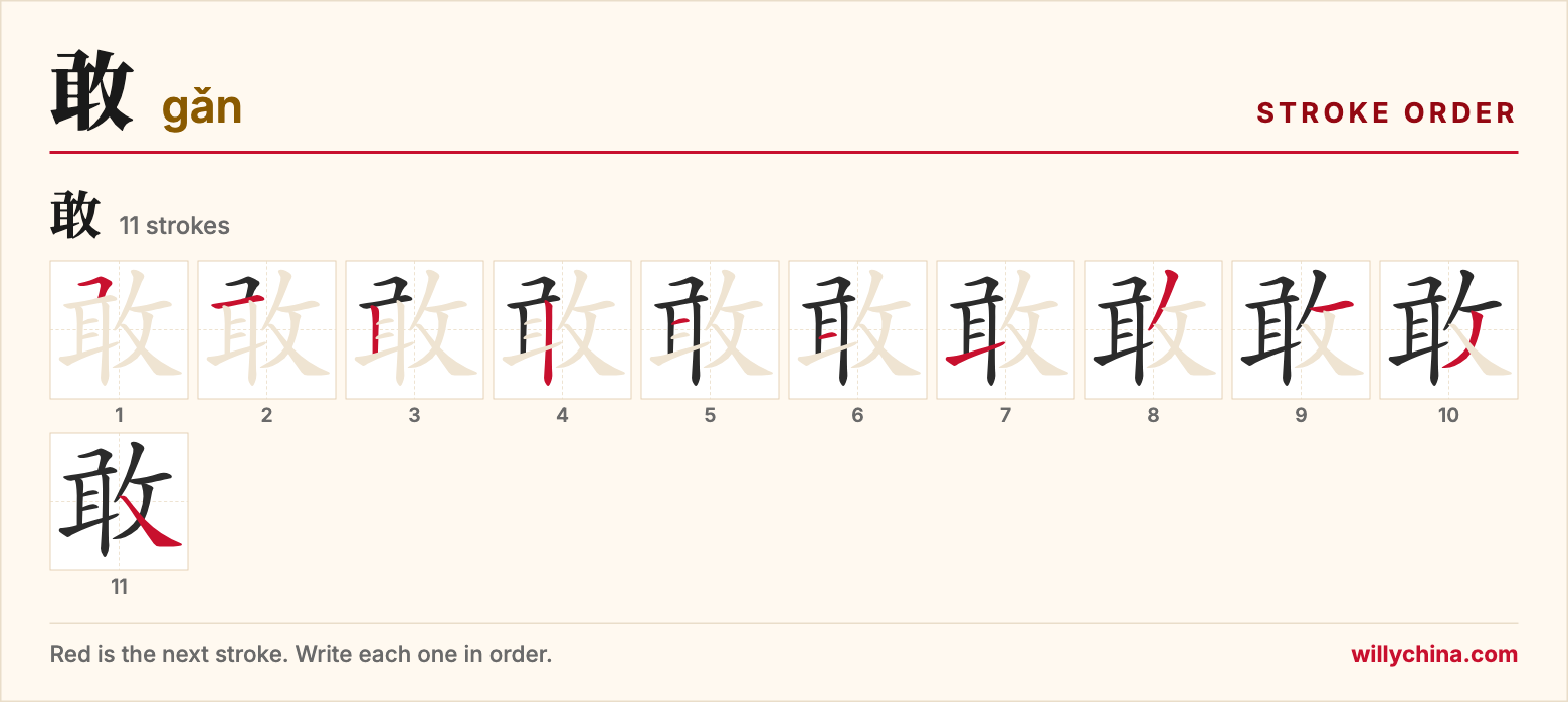 敢 (gǎn) stroke order chart: each stroke of the character in the order you write it