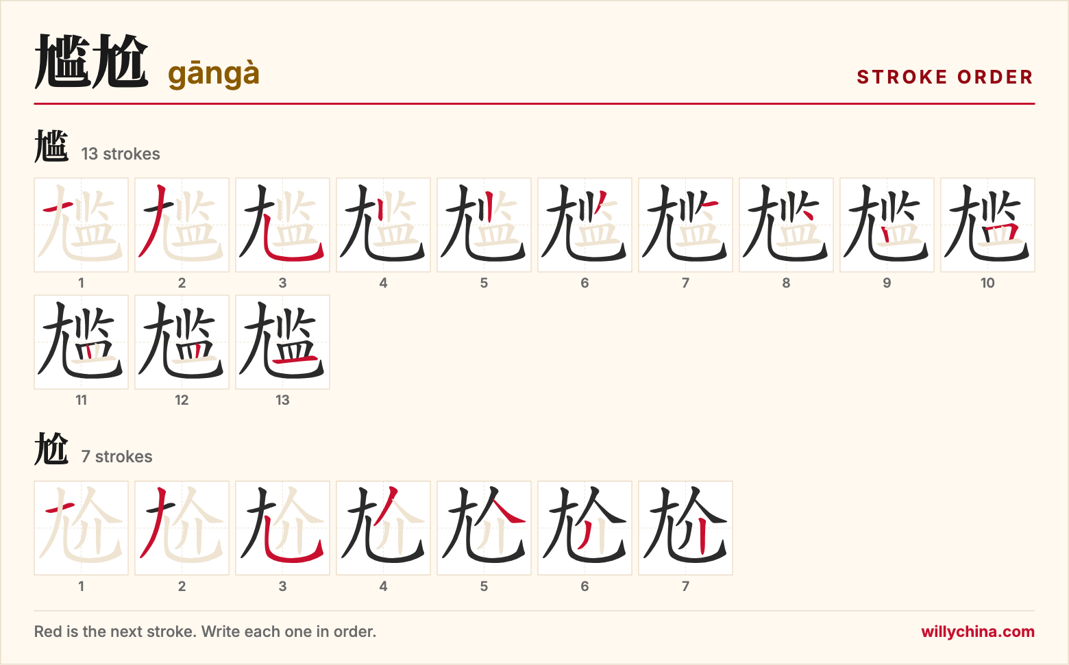 尴尬 (gāngà) stroke order chart: each stroke of the characters in the order you write them