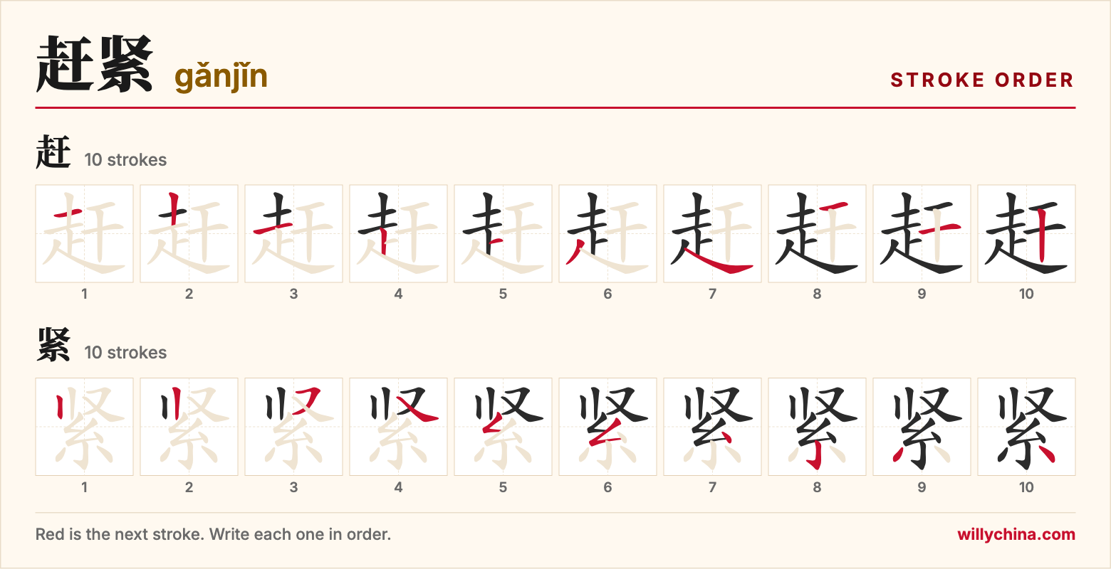 赶紧 (gǎnjǐn) stroke order chart: each stroke of the characters in the order you write them
