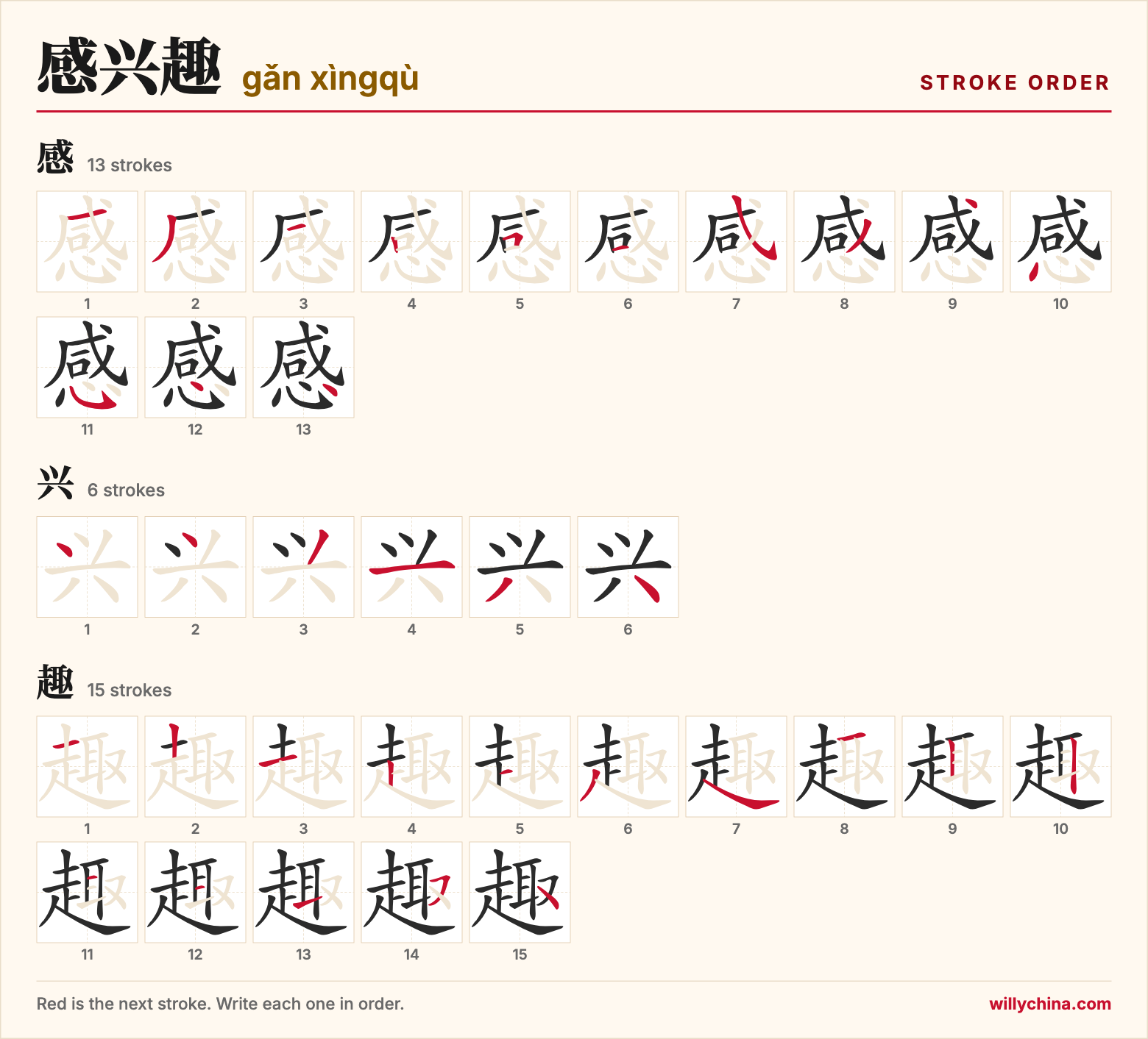 感兴趣 (gǎn xìngqù) stroke order chart: each stroke of the characters in the order you write them