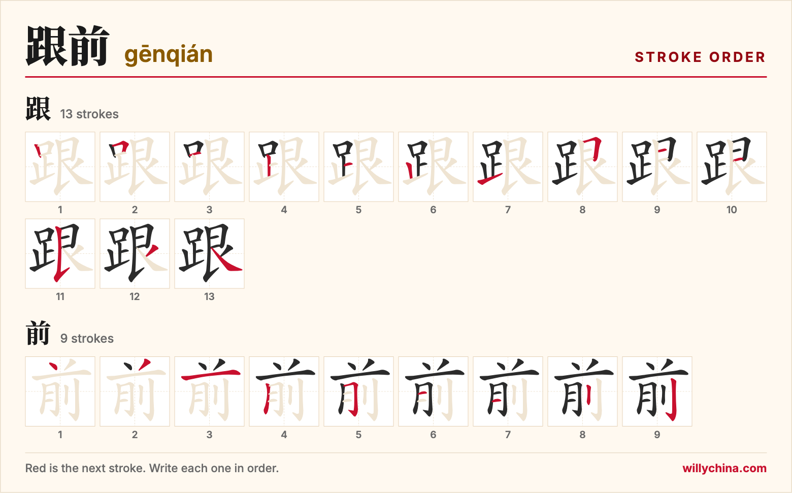 跟前 (gēnqián) stroke order chart: each stroke of the characters in the order you write them