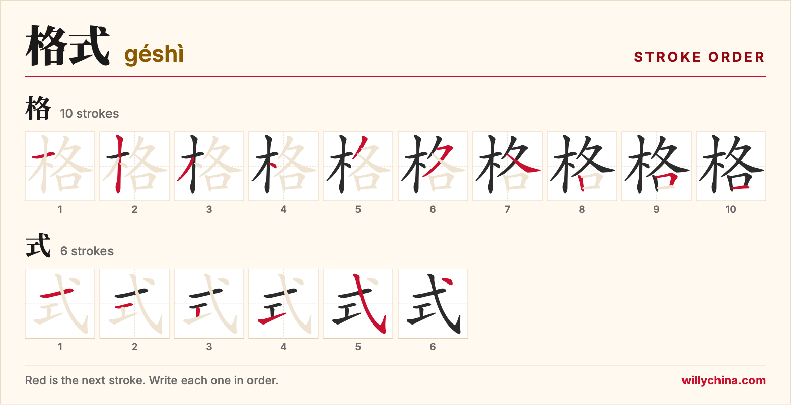 格式 (géshì) stroke order chart: each stroke of the characters in the order you write them