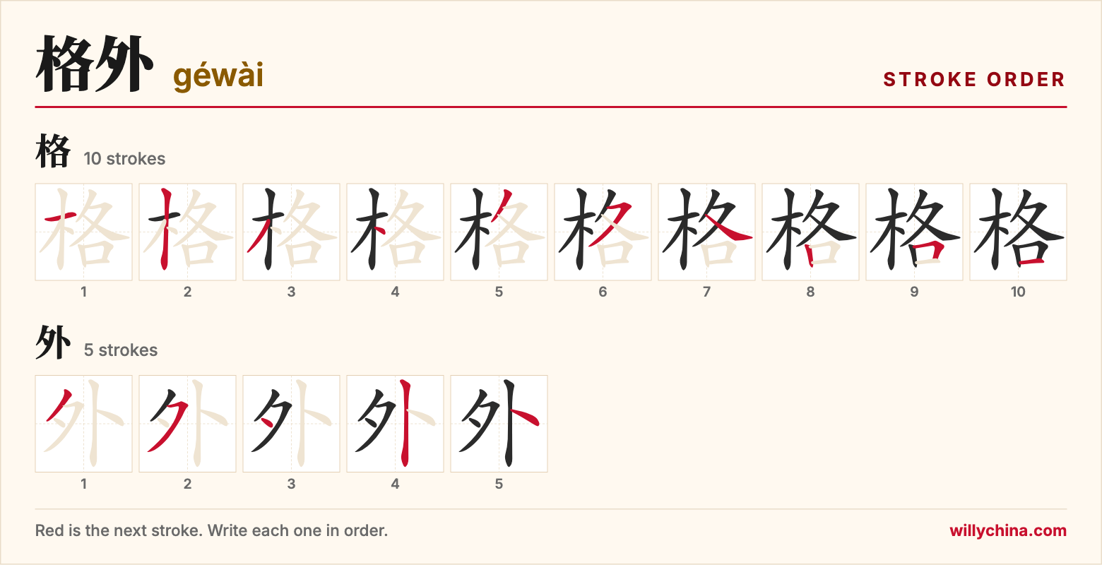 格外 (géwài) stroke order chart: each stroke of the characters in the order you write them