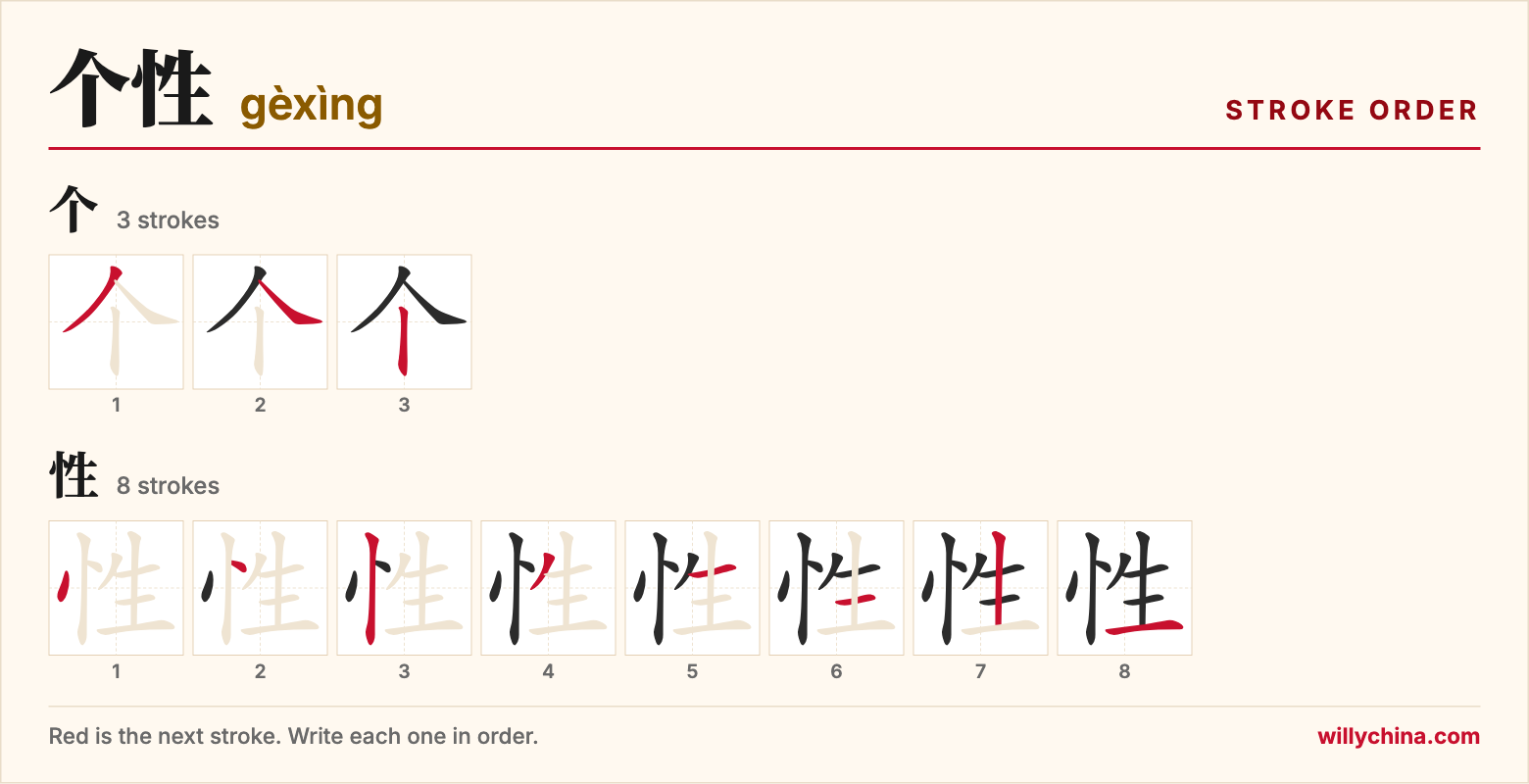 个性 (gèxìng) stroke order chart: each stroke of the characters in the order you write them