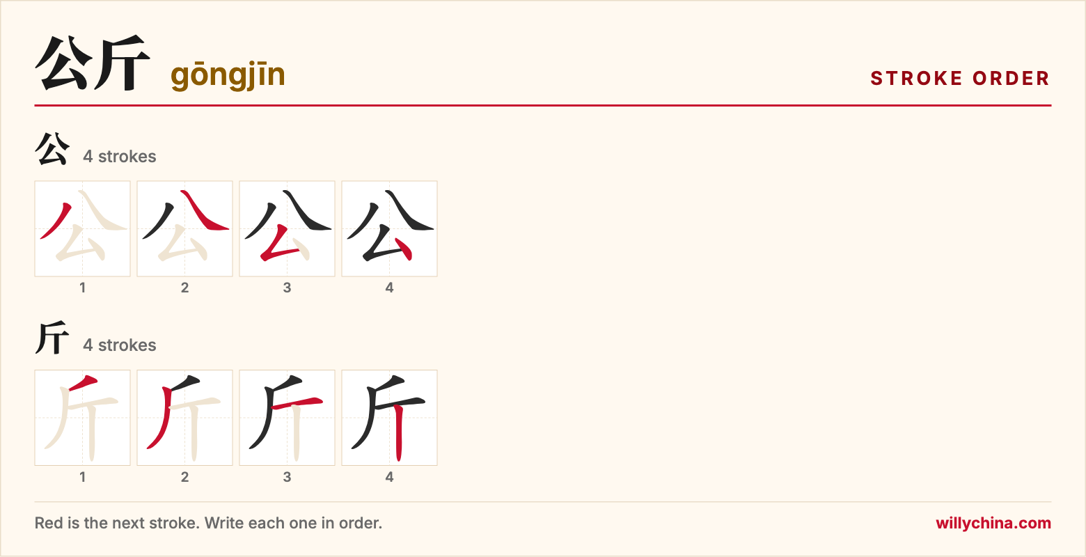 公斤 (gōngjīn) stroke order chart: each stroke of the characters in the order you write them