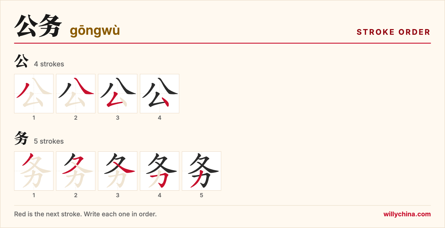 公务 (gōngwù) stroke order chart: each stroke of the characters in the order you write them