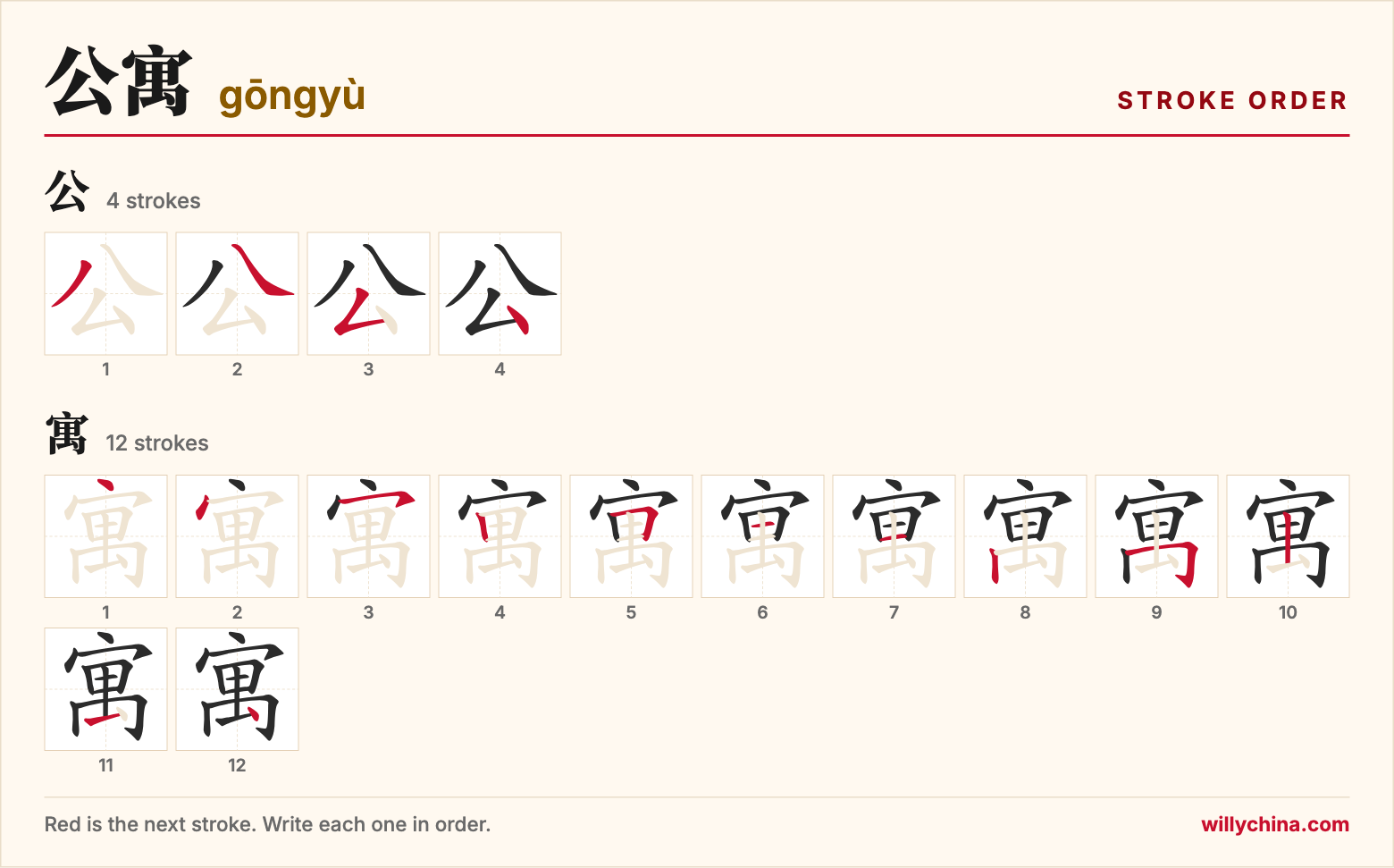 公寓 (gōngyù) stroke order chart: each stroke of the characters in the order you write them