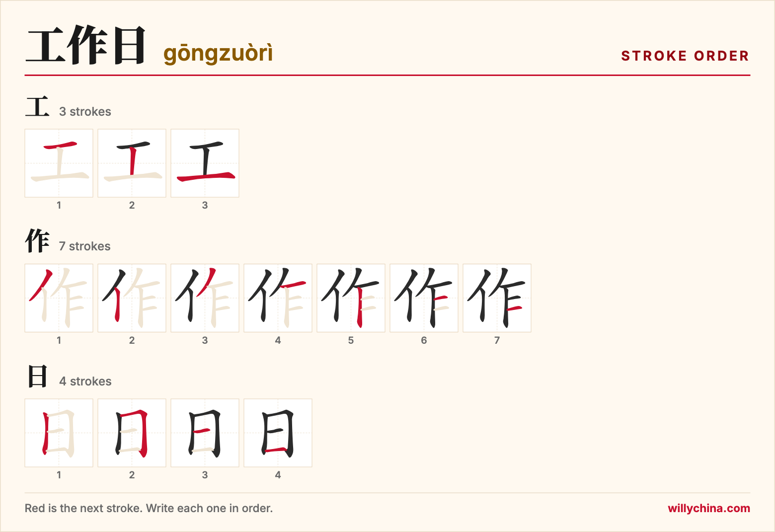 工作日 (gōngzuòrì) stroke order chart: each stroke of the characters in the order you write them