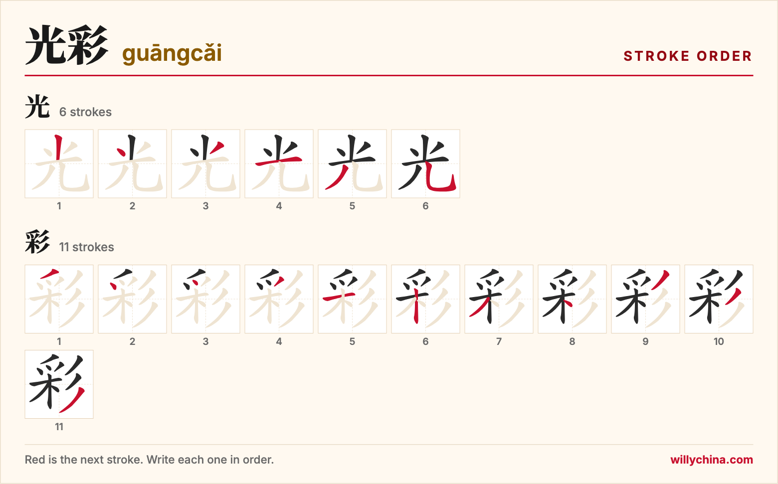 光彩 (guāngcǎi) stroke order chart: each stroke of the characters in the order you write them