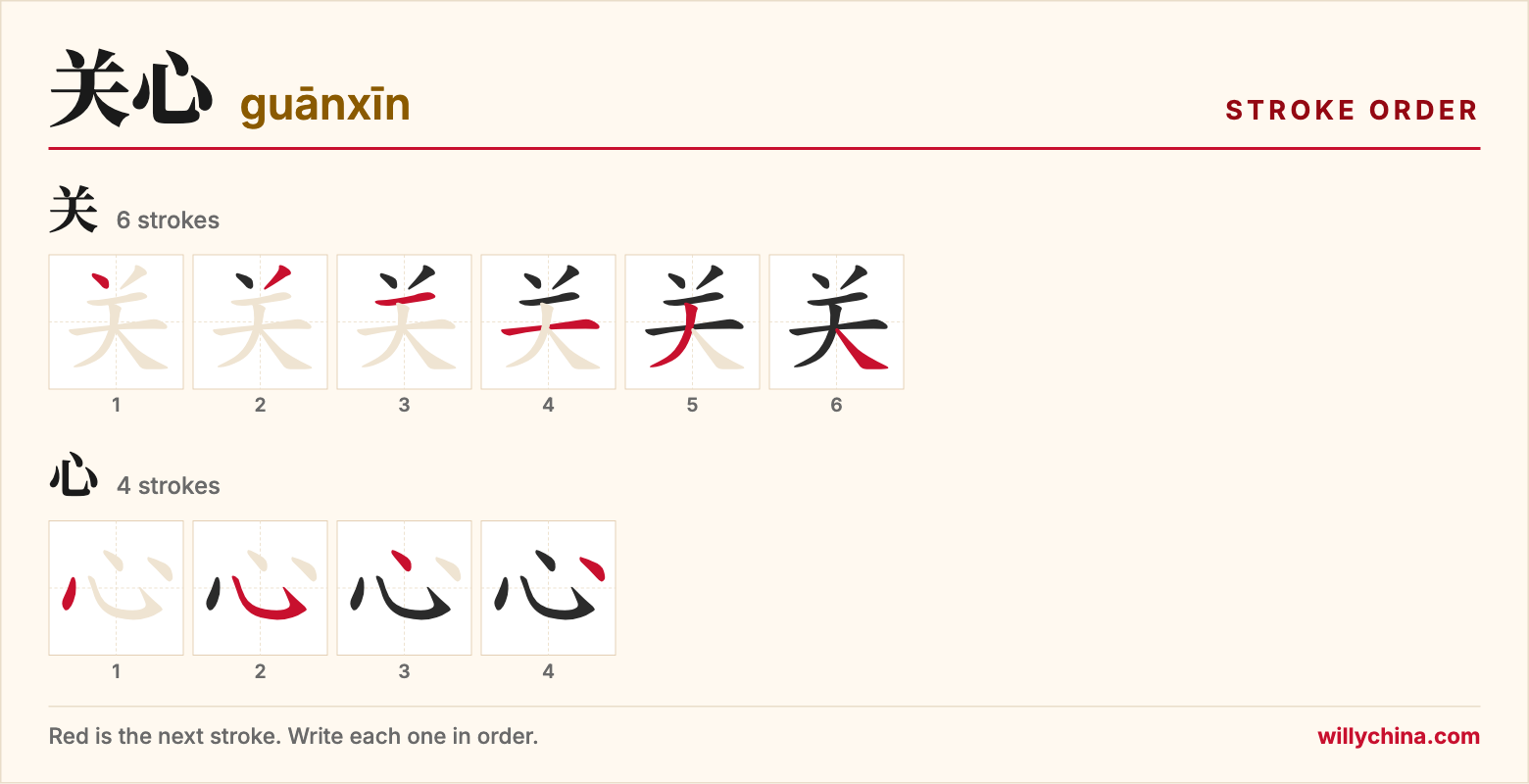关心 (guānxīn) stroke order chart: each stroke of the characters in the order you write them