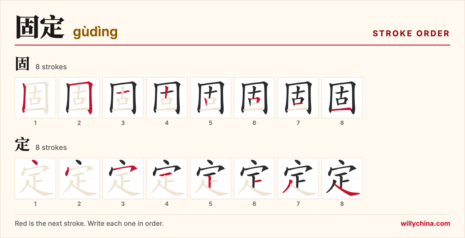 固定 (gùdìng) stroke order chart: each stroke of the characters in the order you write them