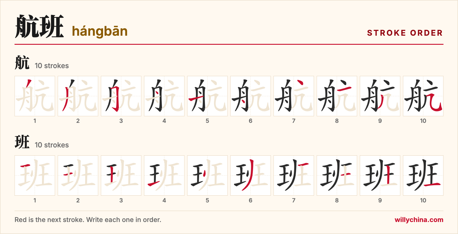航班 (hángbān) stroke order chart: each stroke of the characters in the order you write them