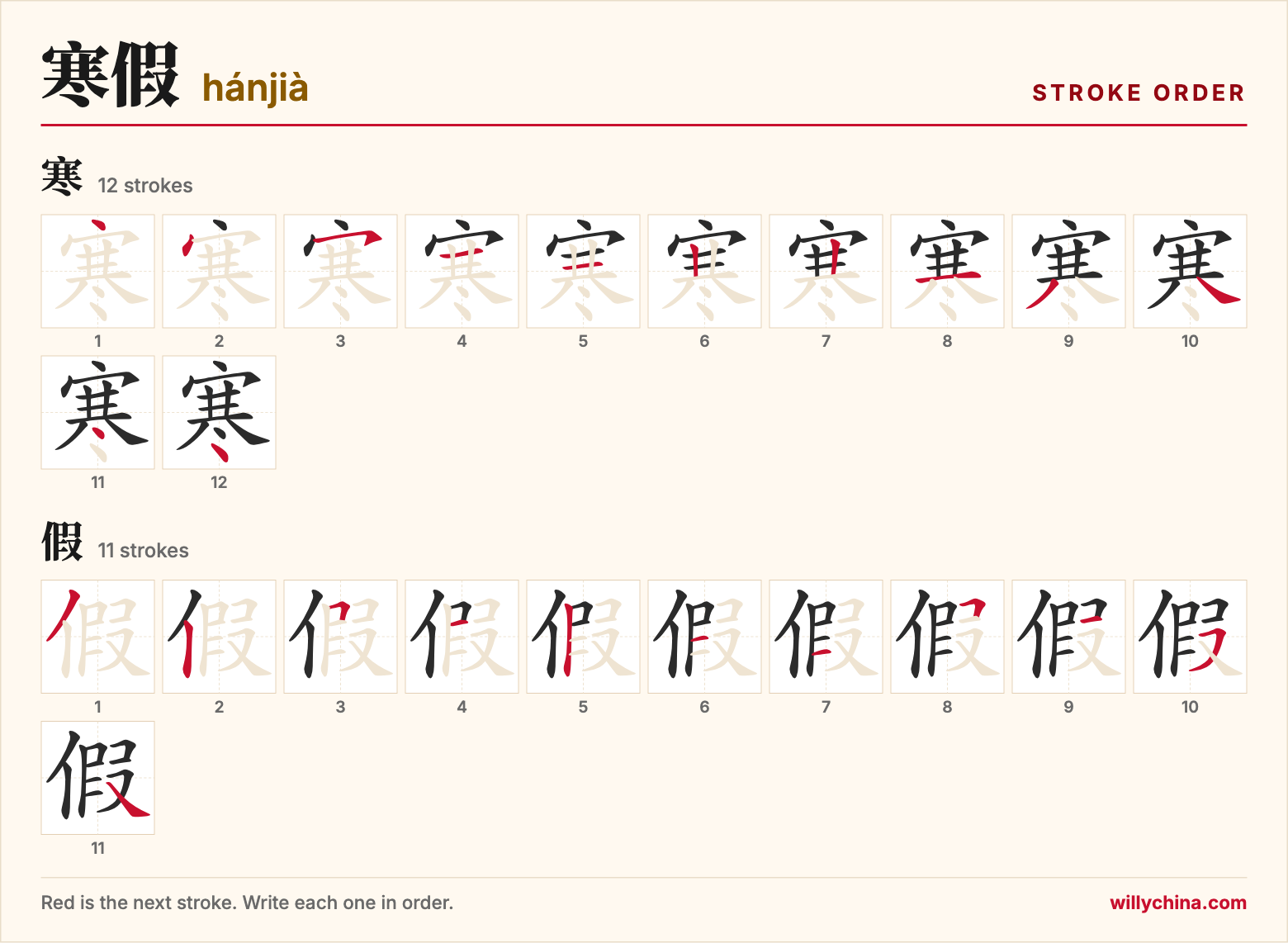 寒假 (hánjià) stroke order chart: each stroke of the characters in the order you write them