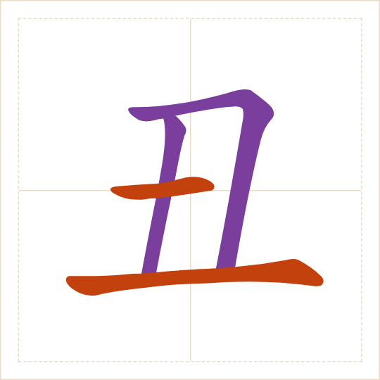 The character 丑 (chǒu) with each of its parts in a different colour