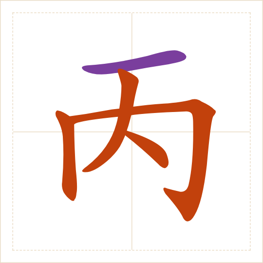 The character 丙 (bǐng) with each of its parts in a different colour