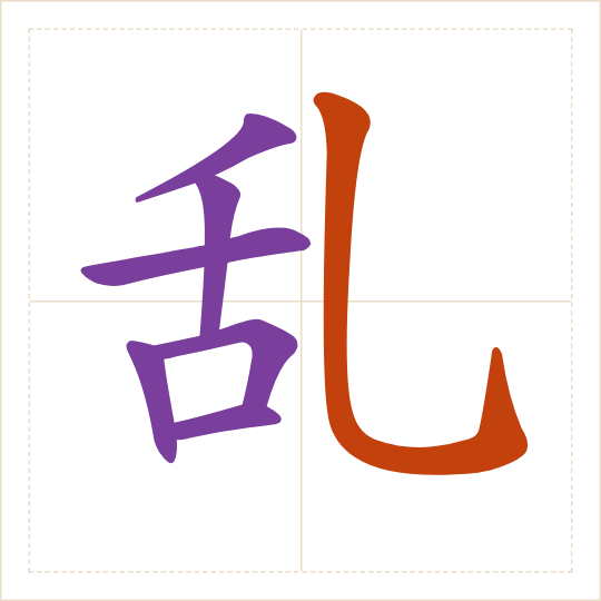 The character 乱 (luàn) with each of its parts in a different colour