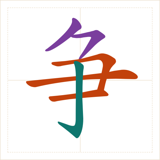 The character 争 (zhēng) with each of its parts in a different colour