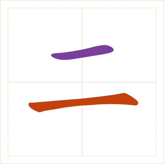 The character 二 (èr) with each of its parts in a different colour