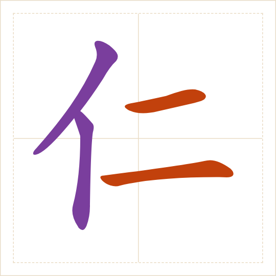 The character 仁 (rén) with each of its parts in a different colour