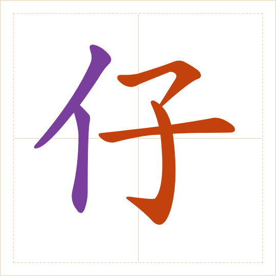The character 仔 (zǐ) with each of its parts in a different colour