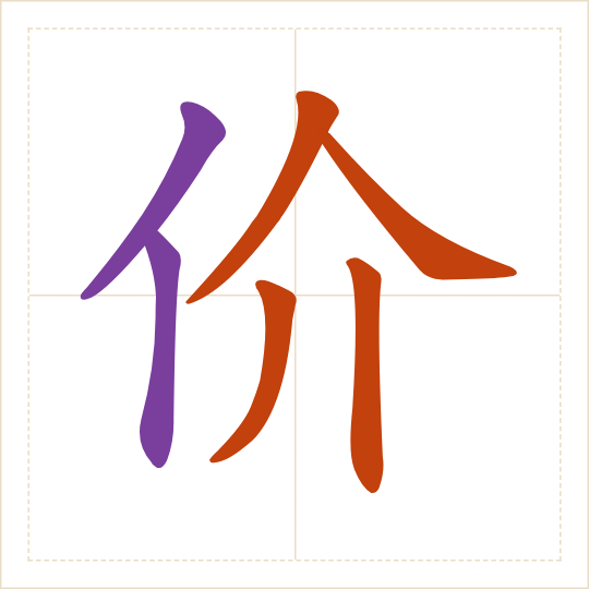 The character 价 (jià) with each of its parts in a different colour