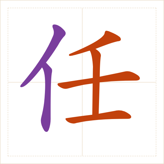 The character 任 (rèn) with each of its parts in a different colour