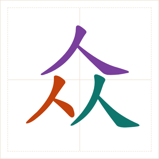 The character 众 (zhòng) with each of its parts in a different colour