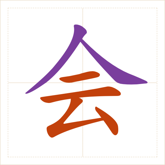 The character 会 (huì) with each of its parts in a different colour