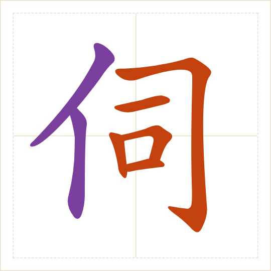 The character 伺 (cì) with each of its parts in a different colour