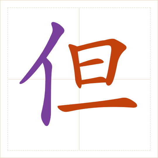 The character 但 (dàn) with each of its parts in a different colour
