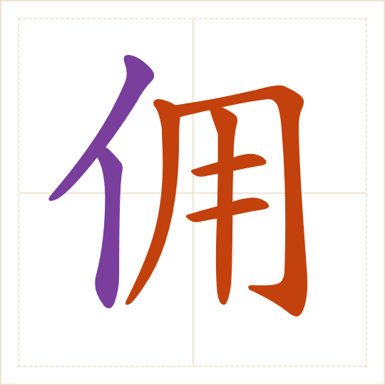 The character 佣 (yōng) with each of its parts in a different colour