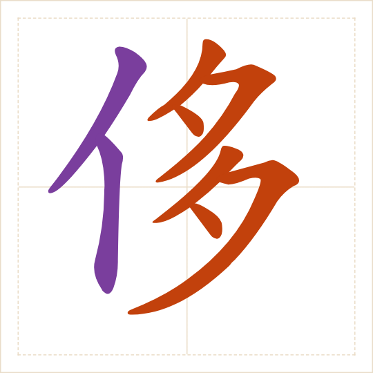 The character 侈 (chǐ) with each of its parts in a different colour