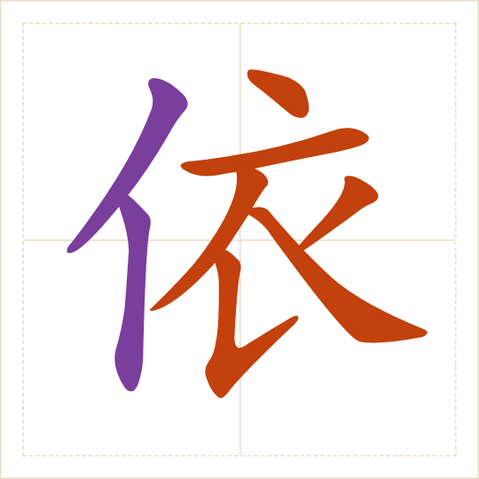 The character 依 (yī) with each of its parts in a different colour
