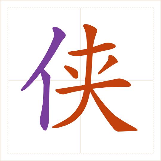 The character 侠 (xiá) with each of its parts in a different colour