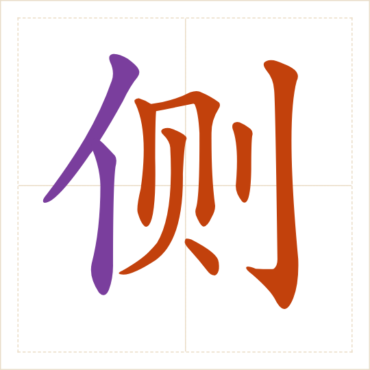The character 侧 (cè) with each of its parts in a different colour