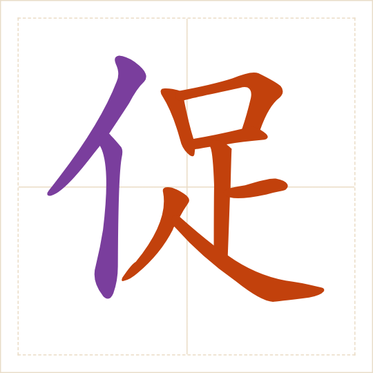 The character 促 (cù) with each of its parts in a different colour