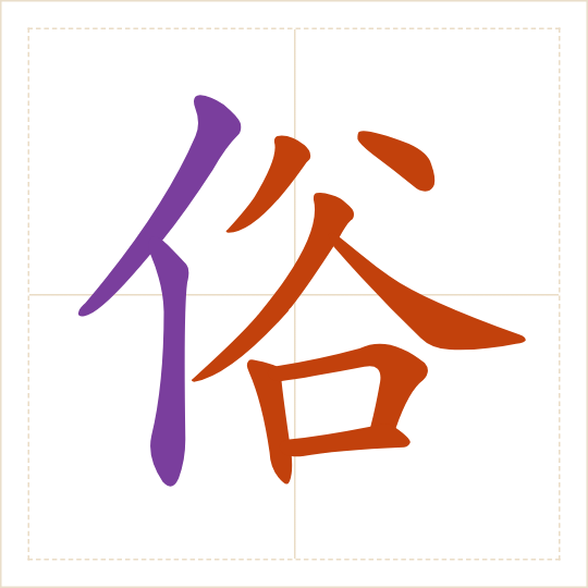 The character 俗 (sú) with each of its parts in a different colour