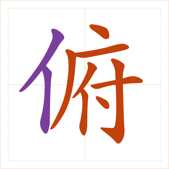 The character 俯 (fǔ) with each of its parts in a different colour