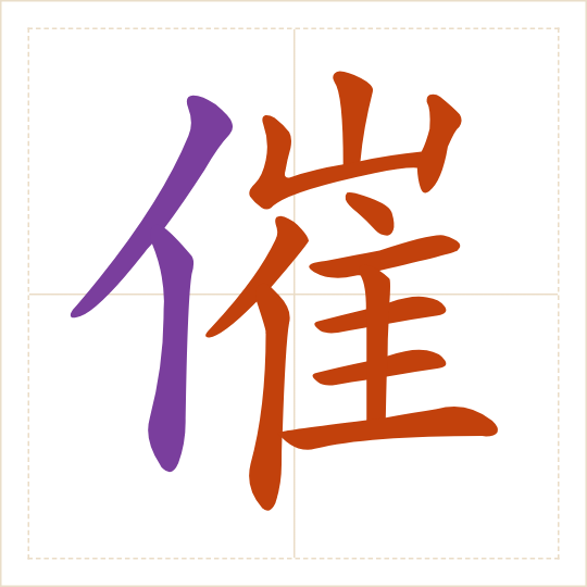 The character 催 (cuī) with each of its parts in a different colour