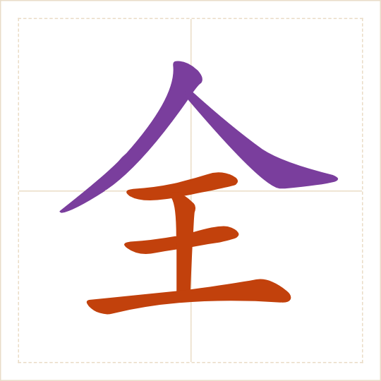 The character 全 (quán) with each of its parts in a different colour
