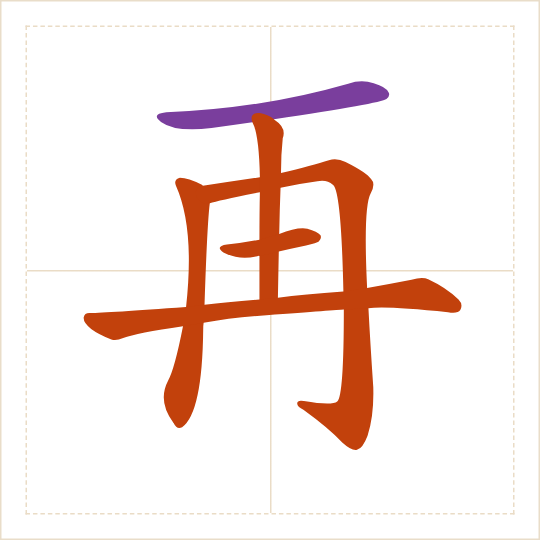 The character 再 (zài) with each of its parts in a different colour