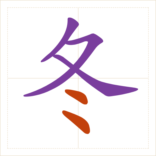 The character 冬 (dōng) with each of its parts in a different colour