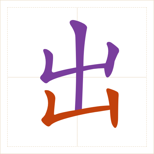 The character 出 (chū) with each of its parts in a different colour
