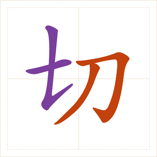 The character 切 (qiè) with each of its parts in a different colour