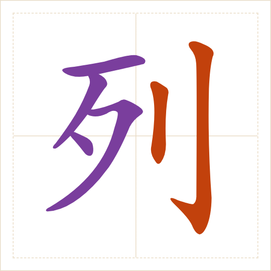 The character 列 (liè) with each of its parts in a different colour