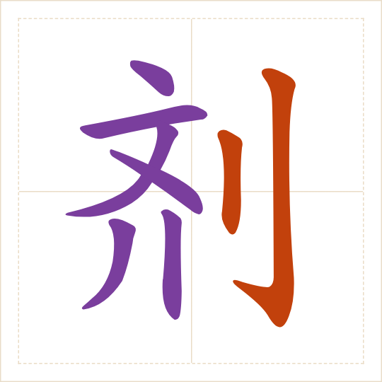 The character 剂 (jì) with each of its parts in a different colour