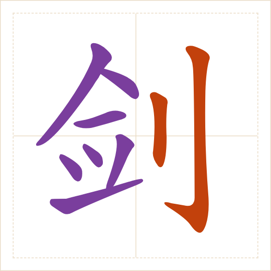The character 剑 (jiàn) with each of its parts in a different colour