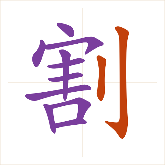 The character 割 (gē) with each of its parts in a different colour